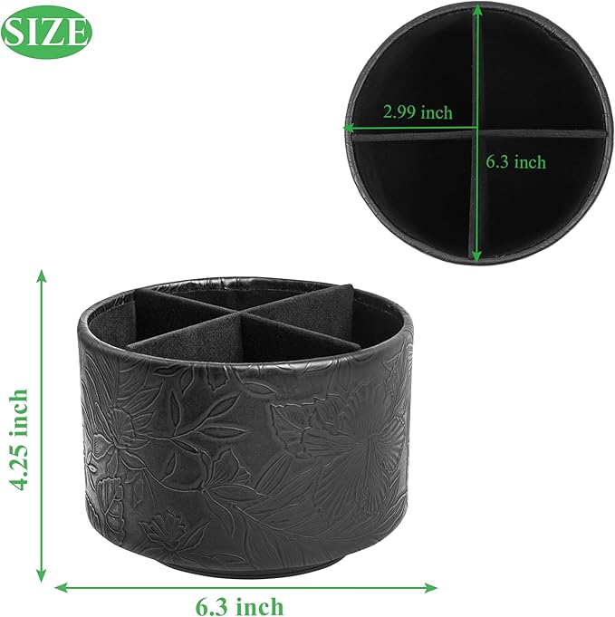 Hennaja Round Leather Art Supply Organizer,Remote Control Holder,360 Degree Spinning,Multi-Functional Pencil Holder,4 Compartments Desktop Stationary Organizer(1-Carved Black)