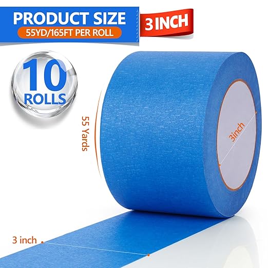 NEOACT 10 Rolls Blue Painters Tape 3 Inches, 55 Yards Multi-Surface Masking Tape Bulk Blue Wide Roll,No Residue Painters Tape for Wall Painting,Packing,DIY Crafts,3 Inch x 55 Yards(550 Yards Total)