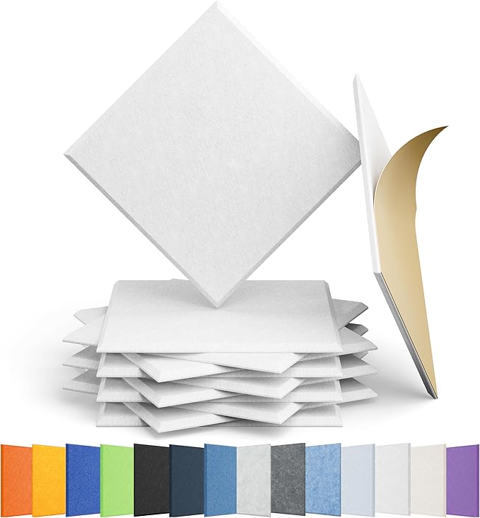 Amantech 12 Pack Acoustic Panels Self Adhesive Sound Proof Foam, High Density Sound Acoustic Panel, 12X12X0.4 Inch Square Panels in Home, Office, Reccording Room, Studio,and more(Snow White)