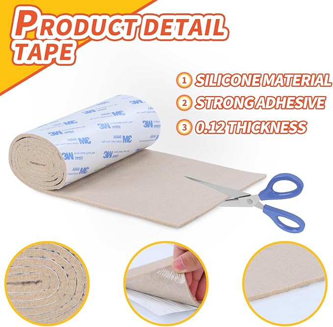 Felt Furniture Pads, Non Slip Self Adhesive Cuttable Felt Tape White Heavy Duty Felts Strip Roll for Protecting Hardwood Floors Chair Wall Protector (40 x 5 x 0.12 Inch)