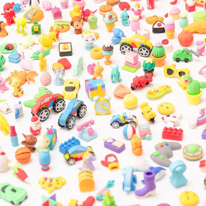 CLOCK KING 240pcs 3D Cute Kids Erasers, Random Desktop Pet Toys Gifts, Classroom Rewards Kids Party Gifts, Various Styles Such as Animals, Food, Plants, Space, Princess, Sports, Halloween, Christmas