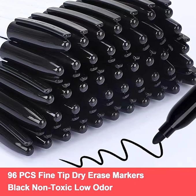 S & E TEACHER'S EDITION 96 Pcs Dry Erase Markers, Black with Low-Odor Ink, Black Whiteboard Markers for School, Office, or Home