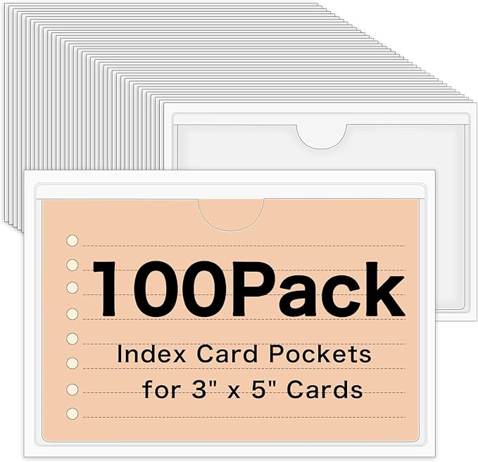 100 Pack Self-Adhesive 3" x 5" Index Card Pockets with Top Open for Loading, Clear Plastic Index Card Lables Holder for Organizing Storage Bins and Protecting Cards Photos Labels