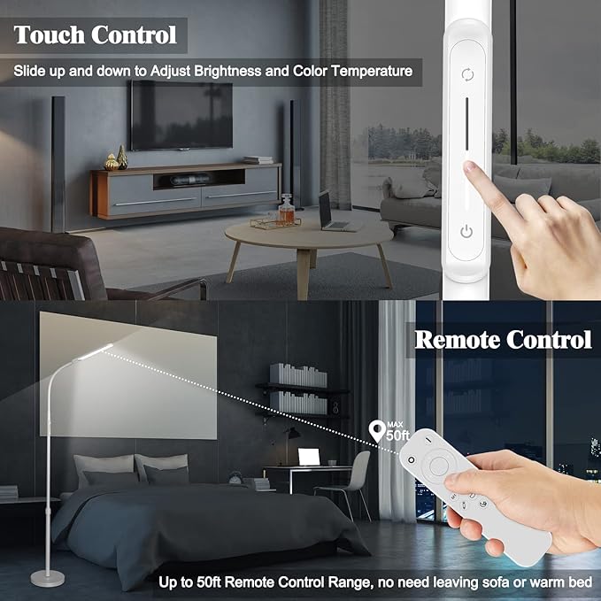 NXONE Led Floor Lamp,Modern Reading Adjustable Standing Height 4 Colors and Stepless Brightness Work Lamp for Living Room Bedroom Reading, White