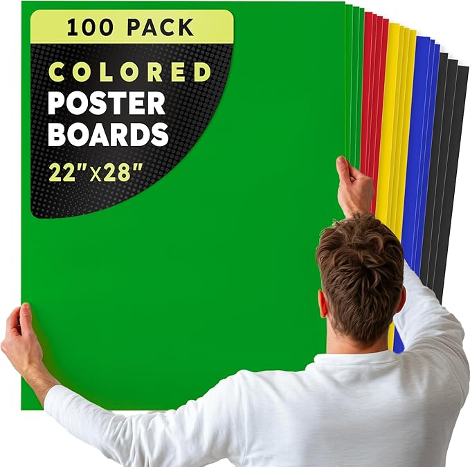 Hygloss Large Colored Poster Board 22x28 - 100 Assorted Standard Color Poster Boards Bulk Pack - Red, Yellow, Green, Blue, Black - 10 Pt. Thickness Poster Board Paper - Posterboard Multipack 22" x 28"