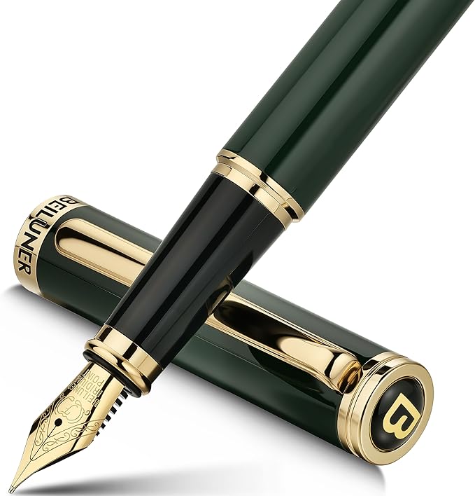 BEILUNER Racing Green Fountain Pen,Stunning Luxury Pens with 24K Gold Finish, Gorgeous 24K Gilded Nib(Fine), Trustworthy Gift for Men&Women -Ink Converter-Elegant, Graduation,Fancy Pen for Writing