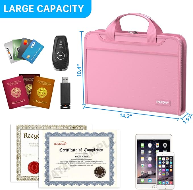 ENGPOW Accordion File Organizer,Fireproof Expanding File Folder with Multi Pockets,13 Pockets Document Organizer with Handle & Labels,Portable Home Travel Safe Storage Folder for Letter A4 Files,Pink