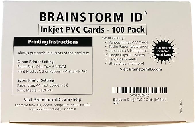 Brainstorm ID Inkjet PVC Cards (100 Pack) - 30 Mil - Inkjet Printable ID Cards - Enhanced Ink Receptive Coating - Waterproof & Double Sided Printing - Works with Epson & Canon Inkjet Printers