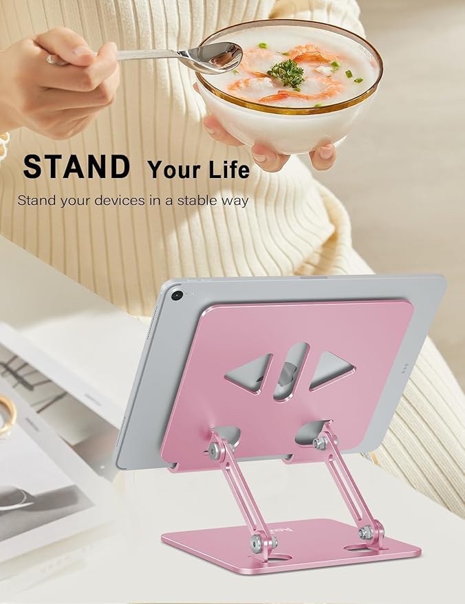 Aoviho Tablet Stand Holder for Desk, Adjustable Desktop Tablet Holder, Foldable Aluminum Tablet Mount for iPad pro 12.9, iPad Air Mini, Samsung Galaxy Tabs Z Fold Kindle Fire,4-12 inch, Rose Gold