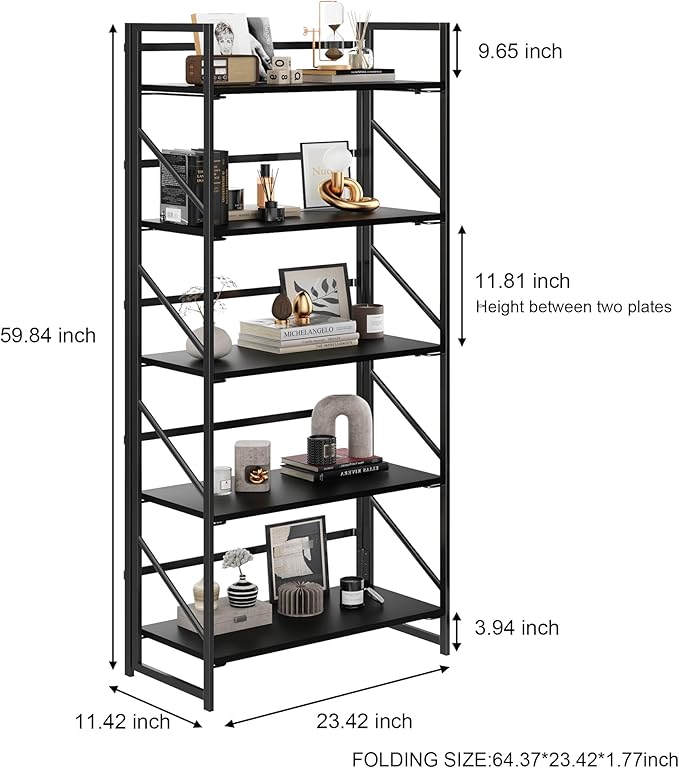 JSB No Assembly Folding Bookshelf, 5 Tier Industrial Metal Book Shelf for Storage, Vintage Wood Foldable Bookcase for Living Room, Bedroom, Office Organization Shelves