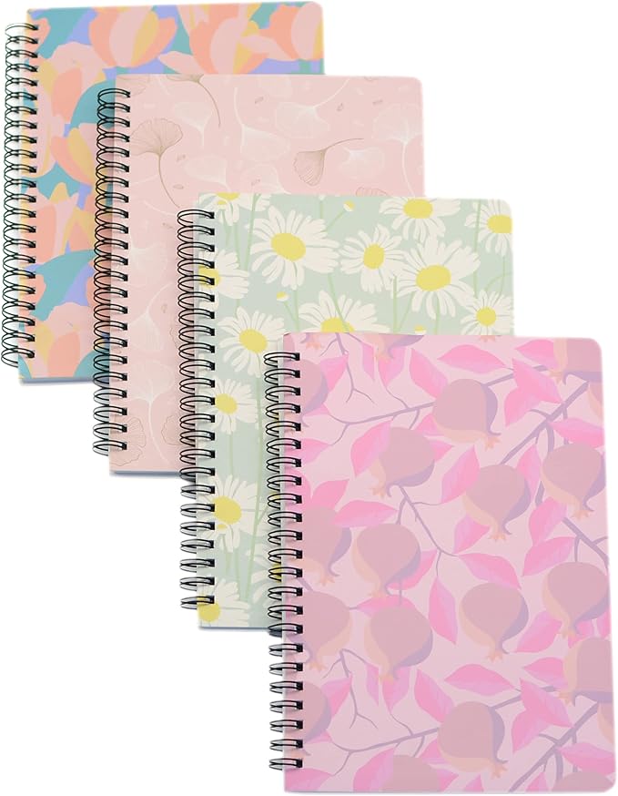Yansanido Spiral Notebook, 4 Pcs A5 Thick Leaves Design Hardcover 8mm Ruled 4 Color 80 Sheets -160 Pages Journals for Study and Notes (Leaves)