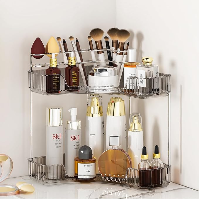 SUNZOS 2 Tier Corner Bathroom Counter Organizer, Bathroom Countertop Shelf with Makeup Brush Holder, Makeup Organizer for Vanity Perfume Tray for Corner Storage
