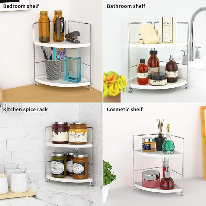 FSyueyun 2-Tier Corner Bathroom Counter Organizer, Tool-Less Installation Vanity Shelf Small Plastics Countertop Makeup Tray Skincare Perfume Organizers (Silver)