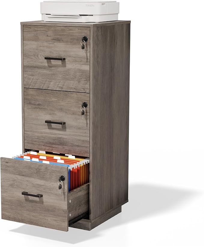 VINGLI 3 Drawer File Cabinet with Lock, Home Office Filing Organizer, for Letter Size File Folder Storage, Wood Tall Vertical Filing Cabinet, Printer Stand, Archivador (Rustic Gray)