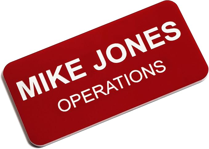 Custom Engraved Name Tag Badges – Personalized Identification with Pin or Magnetic Backing, 1.5 Inches x 3 Inches, Red/White