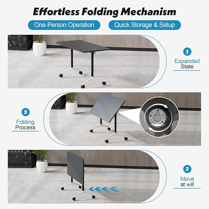 Goakwwuz Conference Room Table, Folding Conference Tables,Thicken Grey Tabletop,Flip Top Wooden Seminar Meeting Room Table for Conference Room Offices (10, Black, 47.2“)
