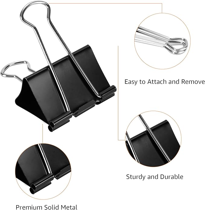 Amazon Basics Sturdy Binder Clips for Office Use, 48 Count (4 Pack of 12), Large, 2 in, Black