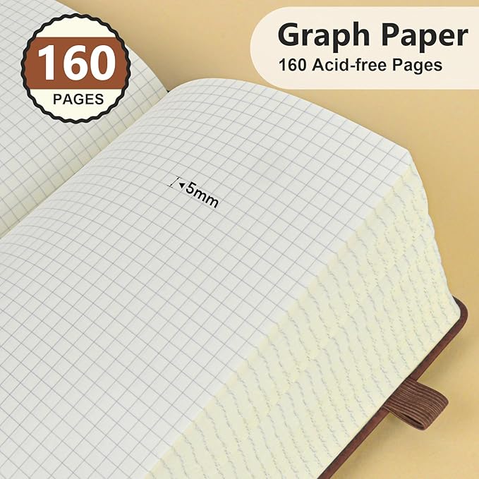 PERCUN Graph Paper Notebook, 160 Pages Grid Journal for women & men, A5 Hardcover Leather Graphing Notebook for School, Work, Travel, Note Taking 5.9”x8.5” (Brown)