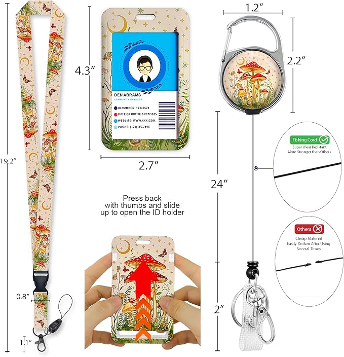 Giancomics Mushroom Lanyards for Id Badges, Cute ID Badge Holder with Lanyard Badge Reel Retractable, Teacher Lanyard with ID Holder Keychain Clip Name Tag ID Card Holder for Women Work Office Gift