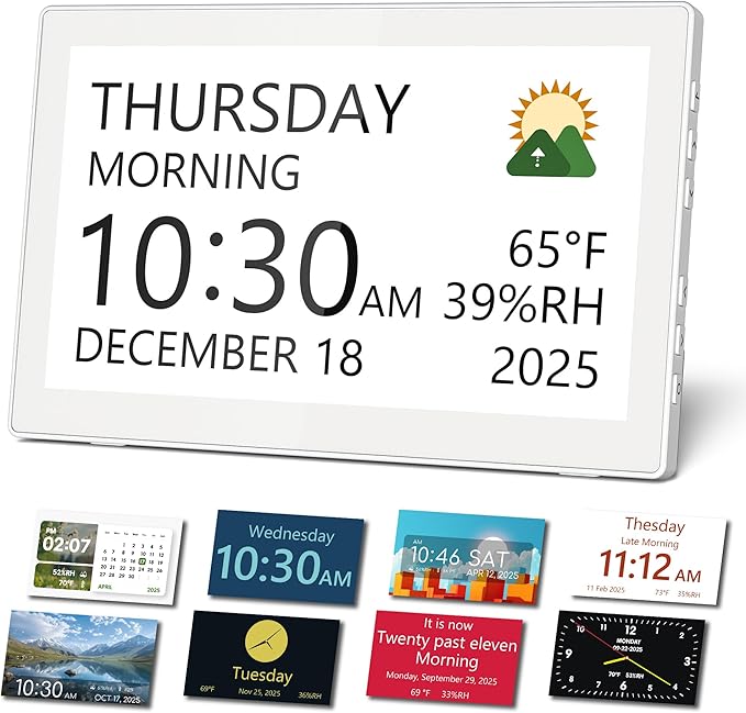 10.1" Digital Clock with Date and Day for Elderly, Digital Calendar with 12 Themes & 9 Colors, AutoDST, 23 Preset Schedules & Customizable, Auto Dimming, Indoor Temperature, Humidity, Easy to Use
