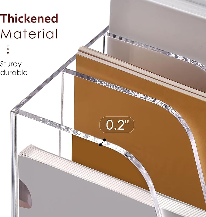 SANRUI Acrylic File Organizer, Compact Desk Organizer for Folders, Binders, Notebooks, Envelopes, Clear Magazine File Holder, 3 Section Bookshelf for School Home Office Organization, A4 Size