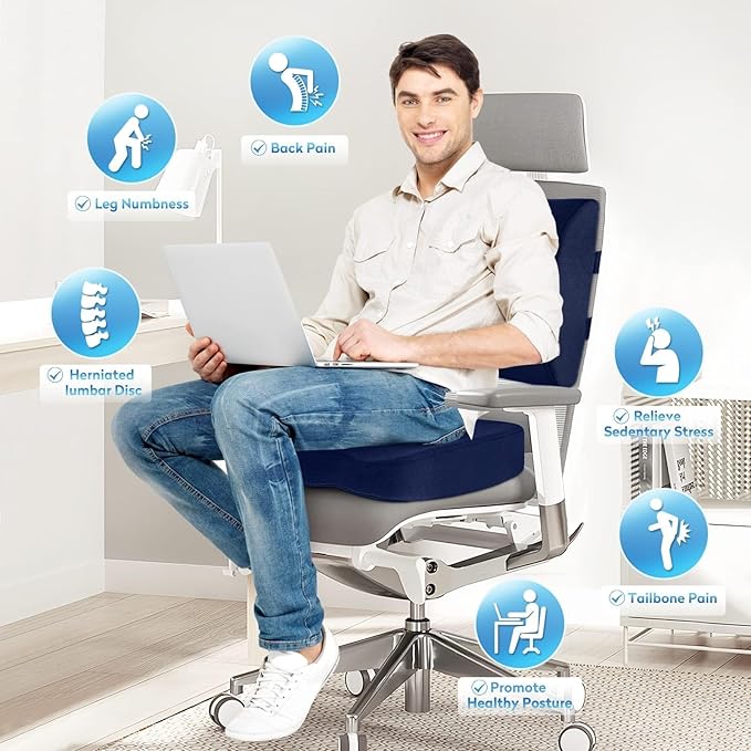 CloudBliss Seat Cushion,Office Chair Cushions,Car Seat Cushion,Lumbar Support Pillow for Office Chair,Back Support Memory Foam Pillow Coccyx Cushion for Tailbone Pain,Sciatica & Back Pain Relief -Blue