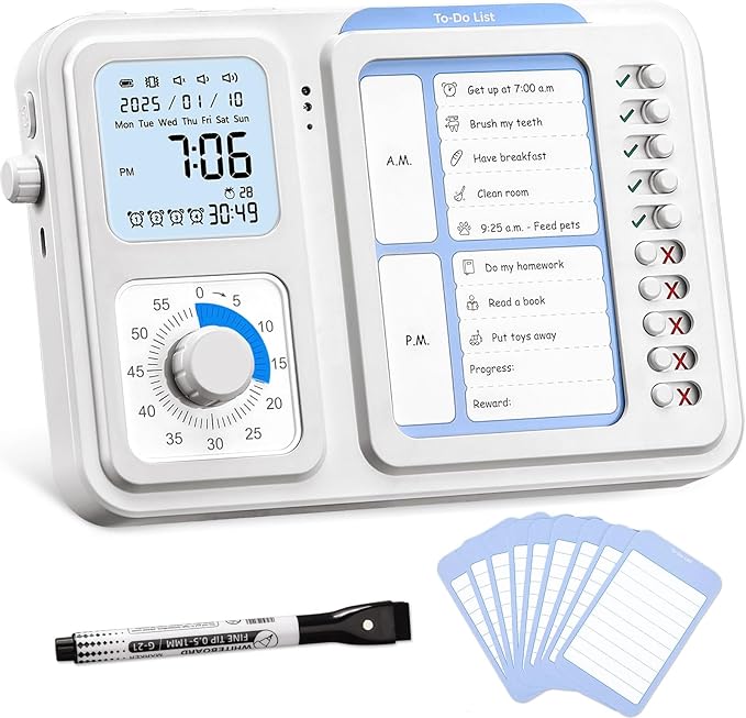 3-in-1 Visual Timer & ADHD Tool for Kids|Adults, Task Timer with Chore Chart Board, Visual Schedule for Kids with Autism, Daily Checklist for Home, School, Classroom, Desk