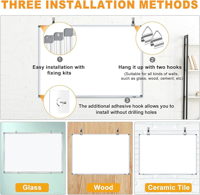H-Qprobd White Board Dry Erase Whiteboard for Wall 24x18 (2pcs) Magnetic Boards for Office Classroom & Home, Small Wall Whiteboard Including 6 Markers, 10 Magnets, 2 Erasers & 10 Adhesive Hooks