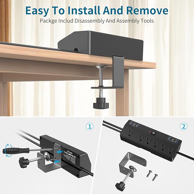 Desk Clamp Power Strip 2 USB C Desktop Mount Outlet Charging Station, 10FT Extension Cord Flat Plug with 6 AC, Removable 40W Fast Charging Surge Protector Power Strip Fits 1.8" Office Tabletop Edge