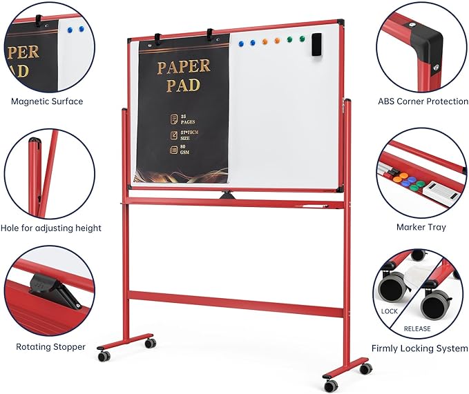 Large Dry-Erase Rolling Magnetic Whiteboard - 48 x 32 Inches Dry Erase Board with Stand Height Adjust Double Sides Mobile White Board Easel on Wheels with 25 Sheets Paper Pad Office, Home & Classroom