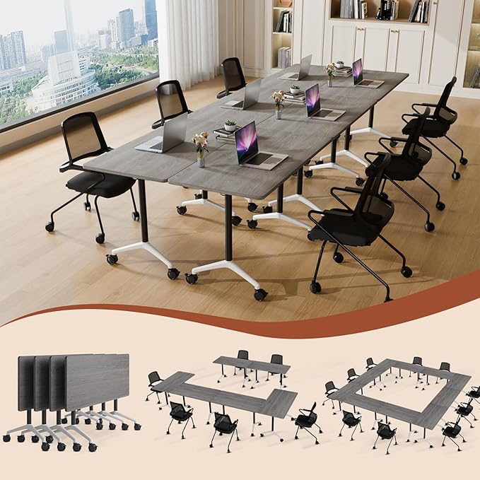 Folding Conference Table 4ft 5ft, Foldable Office Meeting Desk for 6 People, Multiple Sizes Colors Mobile Conference Room Table for Training Room School Business Furniture (6, Grey, 47in)