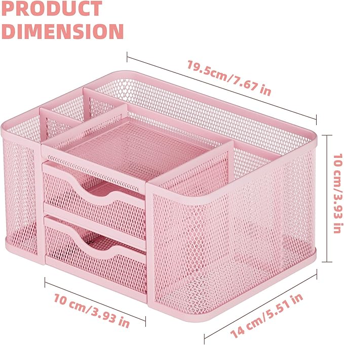 Marbrasse Mesh Desk Organizer, Pen Organizer with 2 Drawer, Multi-Functional Pencil Holder, Desk Organizers and Accessories with 5 Compartments + Drawer for Office Art Supplies (Pink)