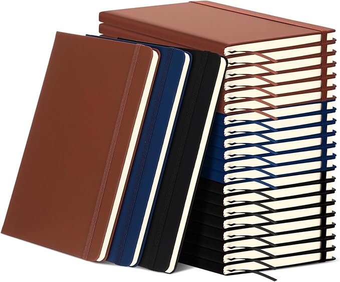Honoson 20 Pack Lined Journal Notebooks A5 Hardcover Executive Notebook 5.5" x 8.3" PU Leather Wide Ruled Journals Bulk with Elastic Band for Home Business Office School Supplies(Black, Navy, Brown)