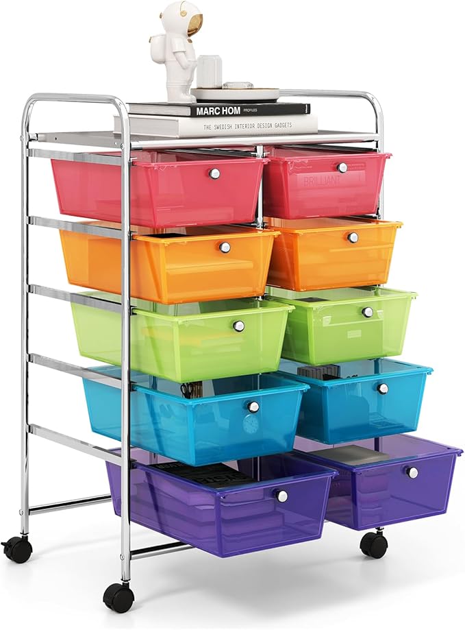 GOFLAME 10-Drawer Rolling Storage Cart, Art Craft Storage Organizer on Wheels, Multipurpose Movable Utility Cart for School, Office and Home, Rainbow
