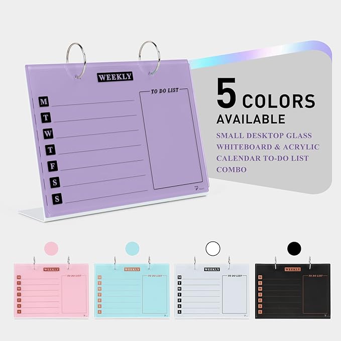 Desktop Glass Dry Erase & Acrylic Aesthetic Desk Calendar Weekly To-do List Combo, Small Magnetic Standing Whiteboard, Desk Flip Easel Calendar with Accessories for Home Office Supply, Purple, 9 x 7''