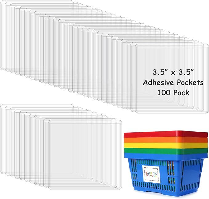 Jeyiour 100 Pcs Label Holders Adhesive Nameplate Pockets Storage Bin Labels Index Card Holder Shelf Plastic Peel Stick for Classroom Supermarket Bookshelf Library Student Box Drawer (3.5 x 3.5 Inch)