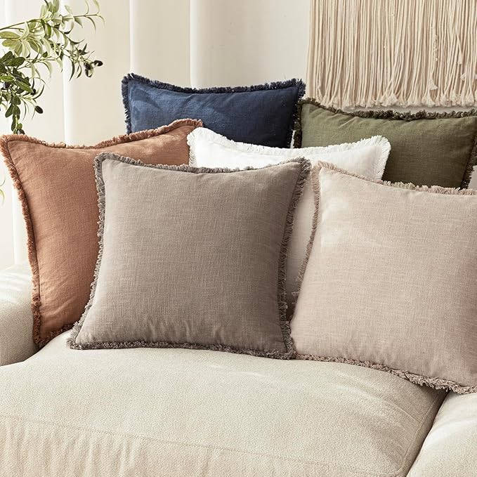 Foindtower Set of 2 Decorative Linen Fringe Throw Pillow Covers Boho Farmhouse Cushion Cover with Tassels Soft Accent Pillowcase for Couch Chair Sofa Bed Living Room Home Decor,24×24 Inch,Brown Tan