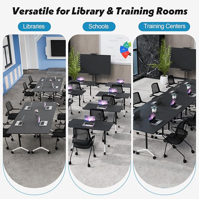 Goakwwuz Conference Room Table, Folding Conference Tables,Thicken Grey Tabletop,Flip Top Wooden Seminar Meeting Room Table for Conference Room Offices (10, Black, 47.2“)
