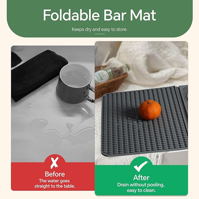 Bar Mat, Bar Accessories, Multifunctional Folding Cocktail Mat with Cutting Board, 18" X 12"(Gray) Drying Mats,Bar Mat for Countertops,Bar Decorations for Home, Outdoor Bar Accessories,Travel