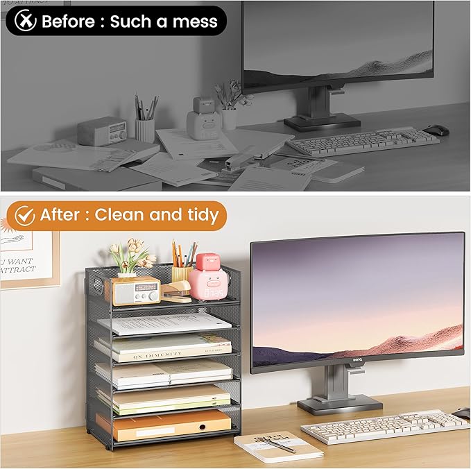Subekyu 6-Tier Desk Paper Organizer, Desktop File Letter Tray with Handle, Document Sorter and Accessories Holder for Office, Home and School Workspace Organizers, Gray-2 Pack