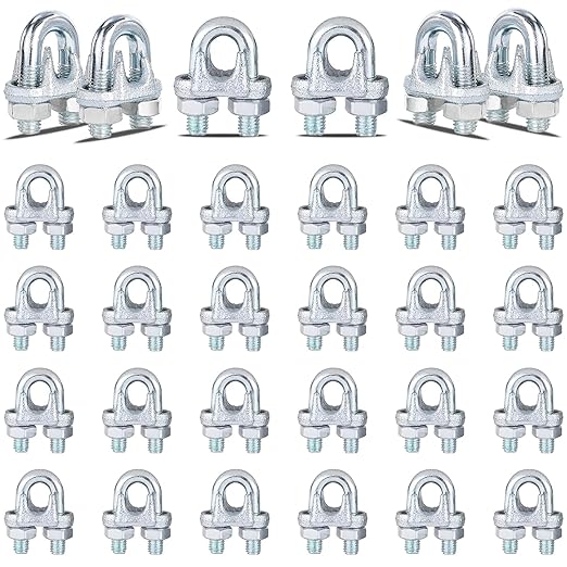 30PCS 1/4" Galvanized Zinc-Plated Wire Rope Cable Clamp Clips, M6 Wire Cable Clampswith U-Bolt Saddle Fasteners for Secure Rigging & Marine Use