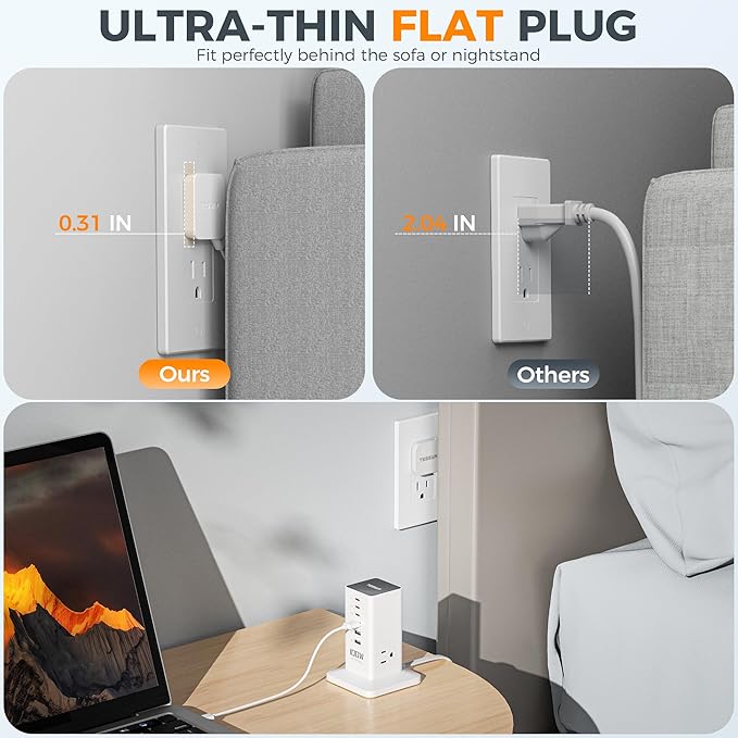 Charging Station PD 100W, TESSAN 9-in-1 USB C Power Strip for iPhone 17/16, MacBook, Tablet, Desktop Phone Fast Charger with 3 AC, 3 USB-A Ports, Home Drom Office Accessories, White