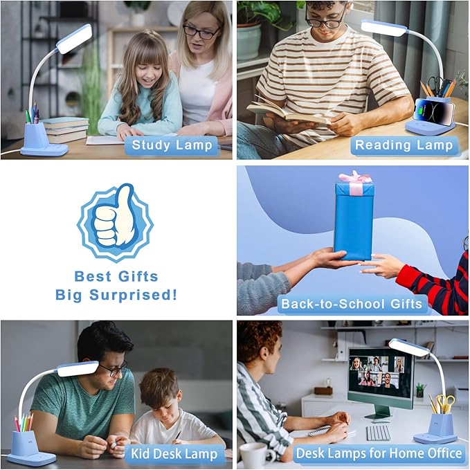 Sailstar Small Desk Lamp, Blue Desk Lamp with Pen Holder, Wireless Charger LED Desk Lamps for Home Office, 800LM Flexible Arm 3 Modes Dimmable Touch Cute Desk Lamps, Study Lamps for College Dorm Room