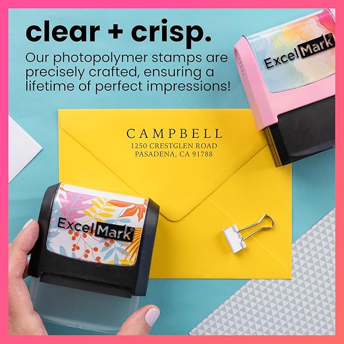 ExcelMark Address Stamp - Custom Return Address Stamp with Elegant Designs, Vibrant Colors & Patterns – Perfect for Mail, Invitations & Gifts (Peach Mount, Simple Classic)
