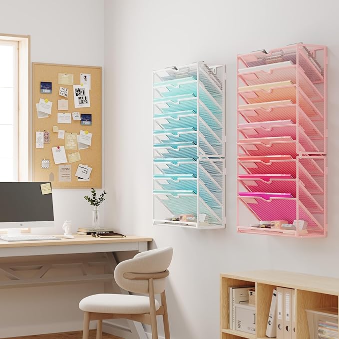Lavatino 10-Tier Hanging Wall File Folders Organizer - Pink Metal Mesh Paper Magazine Document Mail Holder File Organizer for Office School Home Wall Mount or Desk Supplies Organization