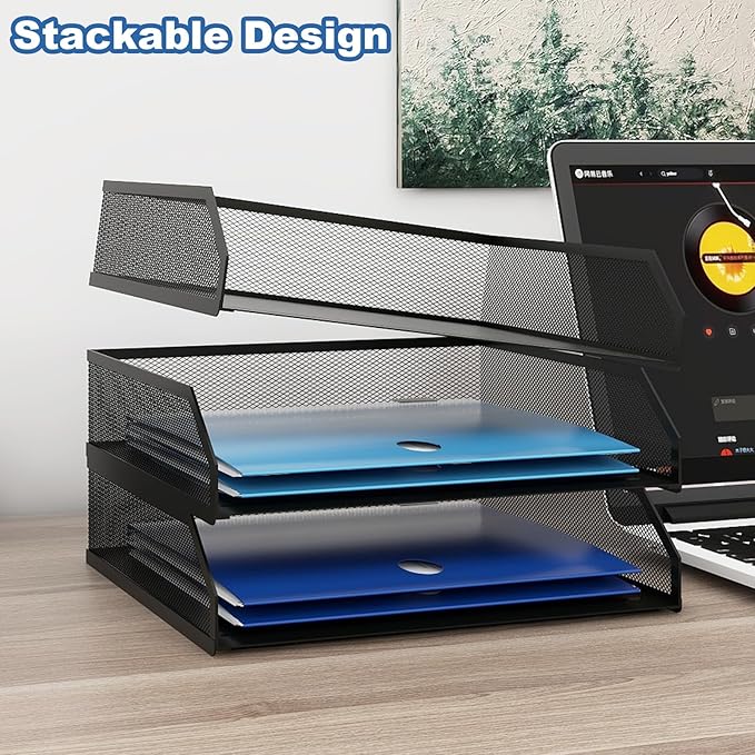 Natwind 3-Tier Stackable Paper Tray, Metal Mesh Desktop Organizer, A4 Paper Sorter, Letter Trays,File Folder Sorter Organizer with Sliding Tray for Home, Office, School (Black)
