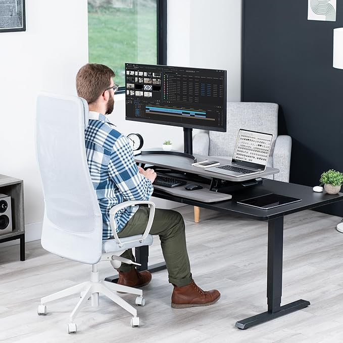 VIVO 42 inch Desk Converter, K Series, Height Adjustable Sit to Stand Riser, Dual Monitor and Laptop Workstation with Wide Keyboard Tray, Gray Top, Black Frame, DESK-V042KG