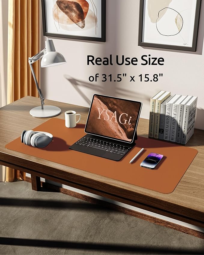 YSAGi Leather Desk Pad Protector, Office Desk Mat, Large Mouse Pad, Non-Slip PU Leather Desk Blotter, Laptop Desk Pad, Waterproof Desk Writing Pad for Office and Home (Brown, 31.5" x 15.8")