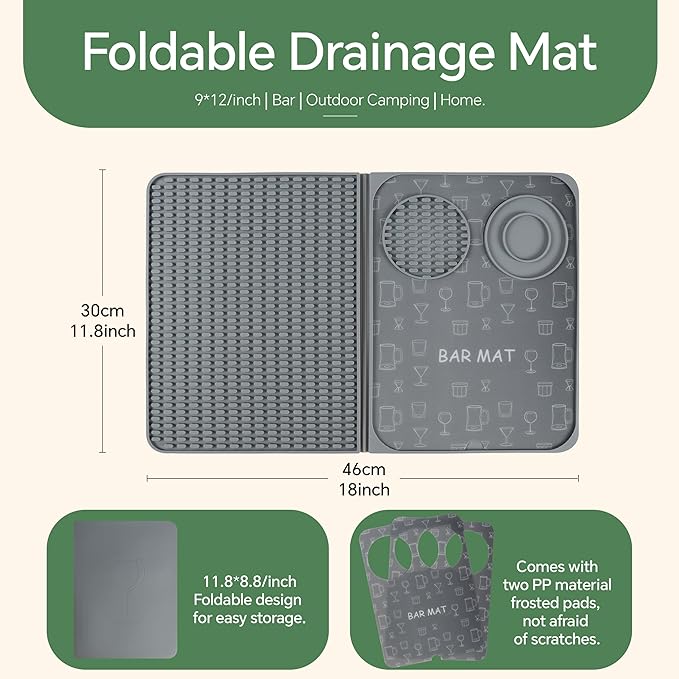 Bar Mat, Bar Accessories, Multifunctional Folding Cocktail Mat with Cutting Board, 18" X 12"(Gray) Drying Mats,Bar Mat for Countertops,Bar Decorations for Home, Outdoor Bar Accessories,Travel