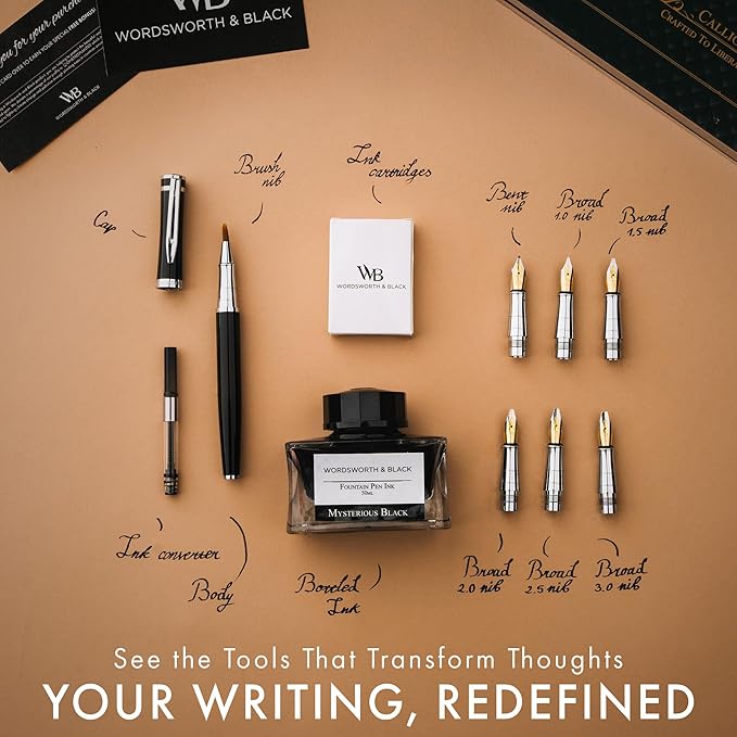 Wordsworth & Black Calligraphy Pen Gift Set, Includes Bottle, 6 Cartridges, Refill Converter, 6 Replacement Nibs, Premium Package, Journaling, Smooth Writing Pens [Black Chrome]